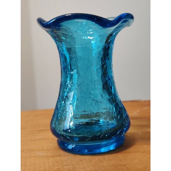 Small Blue Kanawha Hand Crafted Crackle Glass Vase‎ - Picture 1 of 4
